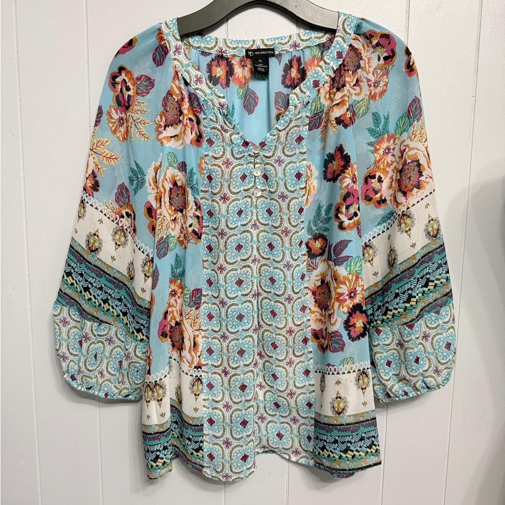 New Directions Floral Blouse - Blue and Cream